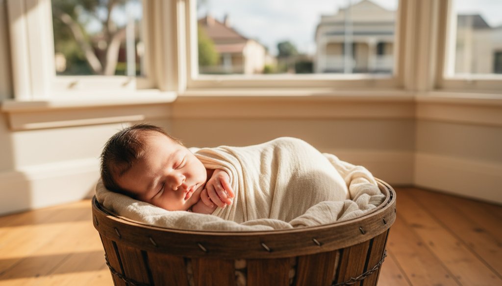 A tender, heartwarming close-up of a newborn baby's tiny hands gently holding a parent's finger, bathed in soft, ethereal light from a window overlooking a classic East Geelong streetscape, capturing the essence of gentle newborn portraits East Geelong VIC in an epic, professional photograph.