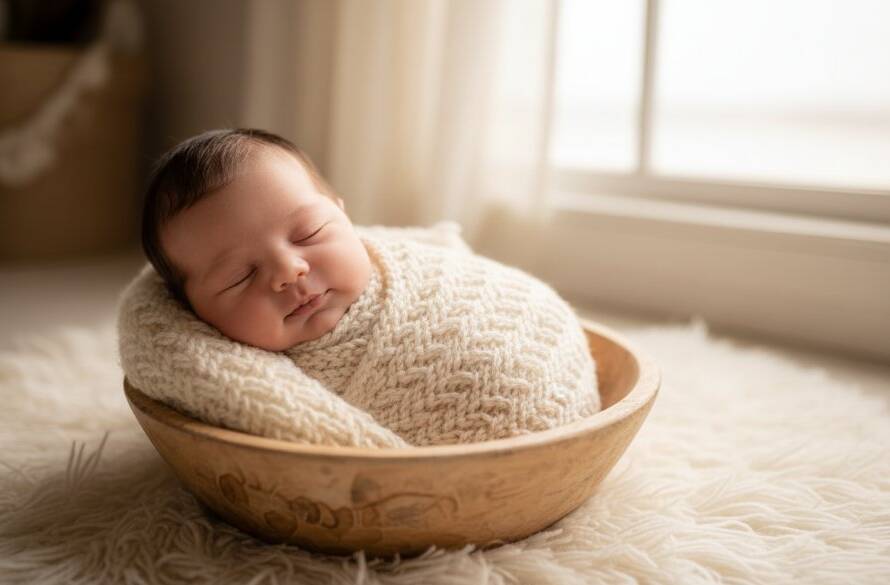 An artistic close-up of a peacefully sleeping newborn baby wrapped in soft, earthy tones, gently held by a parent's hands, bathed in warm, soft window light, epitomising gentle newborn portraits Sydenham families cherish, captured with professional photography.
