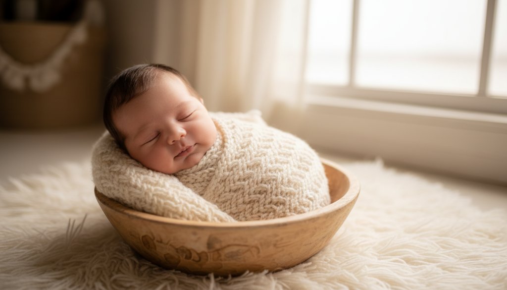 An artistic close-up of a peacefully sleeping newborn baby wrapped in soft, earthy tones, gently held by a parent's hands, bathed in warm, soft window light, epitomising gentle newborn portraits Sydenham families cherish, captured with professional photography.