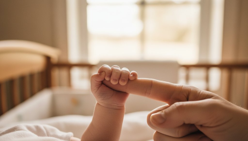 An epic, soft-focus photograph showcasing gentle Sebastopol newborn photography capturing tiny details, with a baby's tiny hand grasping a parent's finger, bathed in warm, ethereal light, set against a cozy, rustic Sebastopol-inspired backdrop.