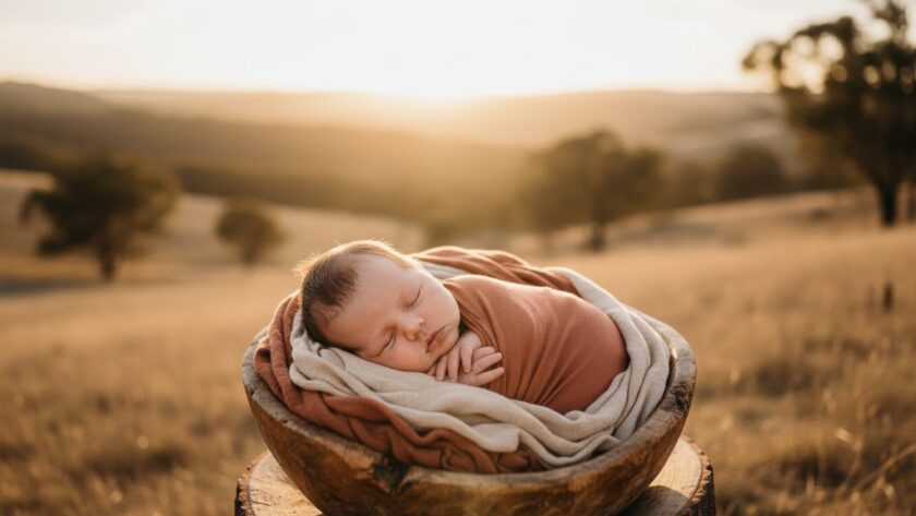 An ethereal, golden hour photograph capturing a serene newborn baby wrapped in soft cream linen, cradled gently in a parent's hands, with the warm, rolling hills of Wallan's countryside faintly blurred in the background, embodying gentle Wallan newborn photoshoots for cherished memories.