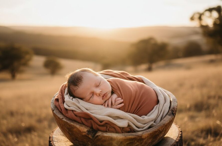 An ethereal, golden hour photograph capturing a serene newborn baby wrapped in soft cream linen, cradled gently in a parent's hands, with the warm, rolling hills of Wallan's countryside faintly blurred in the background, embodying gentle Wallan newborn photoshoots for cherished memories.