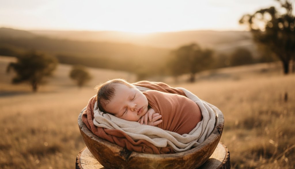 An ethereal, golden hour photograph capturing a serene newborn baby wrapped in soft cream linen, cradled gently in a parent's hands, with the warm, rolling hills of Wallan's countryside faintly blurred in the background, embodying gentle Wallan newborn photoshoots for cherished memories.