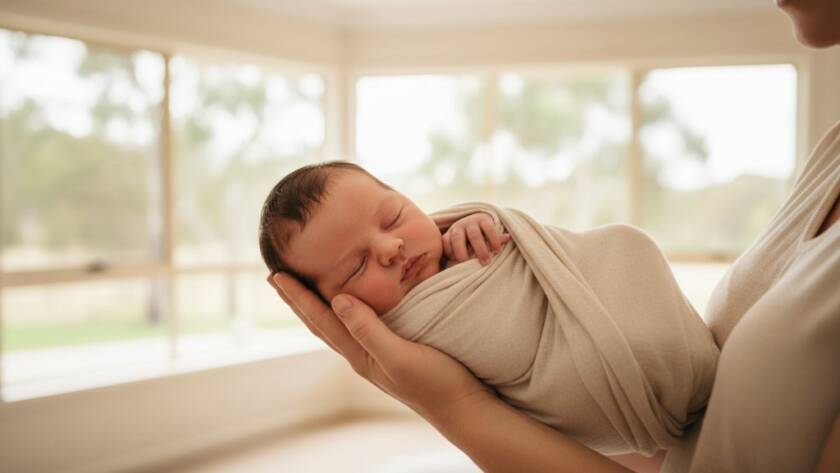 A tender, cinematic wide shot of a sleeping newborn baby held gently in parents' arms, bathed in soft, ethereal natural light streaming through a window in a Warrandyte home, highlighting the delicate features and profound connection. This captures the essence of gentle Warrandyte newborn photography sessions with dramatic, professional lighting and colour grading.