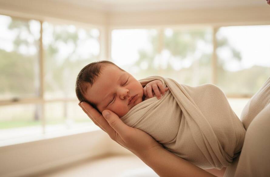 A tender, cinematic wide shot of a sleeping newborn baby held gently in parents' arms, bathed in soft, ethereal natural light streaming through a window in a Warrandyte home, highlighting the delicate features and profound connection. This captures the essence of gentle Warrandyte newborn photography sessions with dramatic, professional lighting and colour grading.