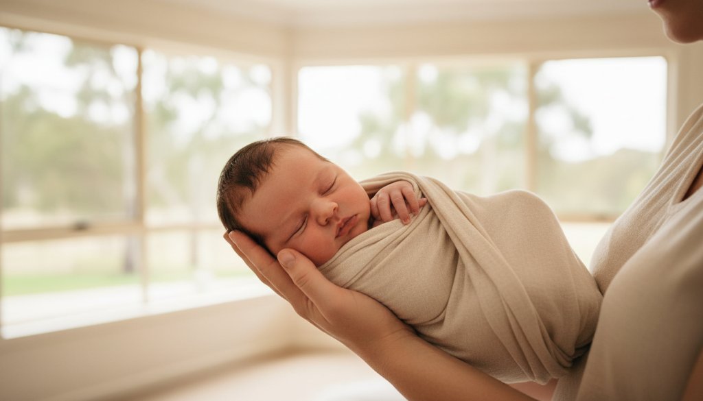 A tender, cinematic wide shot of a sleeping newborn baby held gently in parents' arms, bathed in soft, ethereal natural light streaming through a window in a Warrandyte home, highlighting the delicate features and profound connection. This captures the essence of gentle Warrandyte newborn photography sessions with dramatic, professional lighting and colour grading.