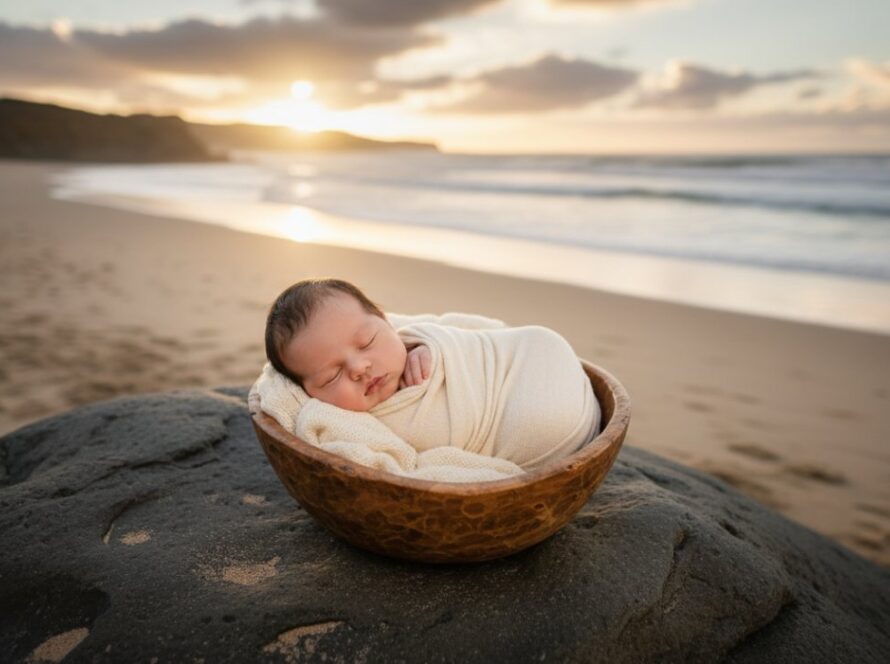 An ethereal, 'epic moment' photograph capturing a newborn baby peacefully sleeping in a gentle Warrnambool newborn photography setting, bathed in soft, diffused coastal light near the ocean, conveying serene innocence.
