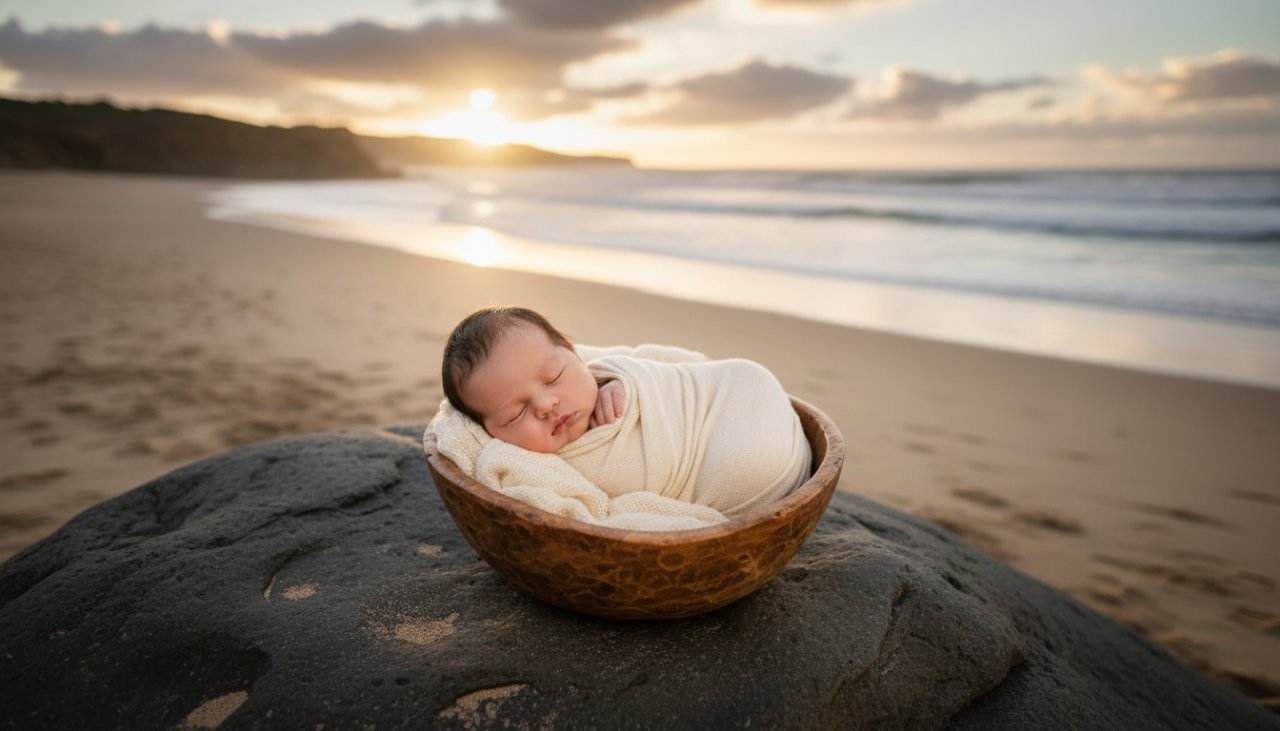 An ethereal, 'epic moment' photograph capturing a newborn baby peacefully sleeping in a gentle Warrnambool newborn photography setting, bathed in soft, diffused coastal light near the ocean, conveying serene innocence.