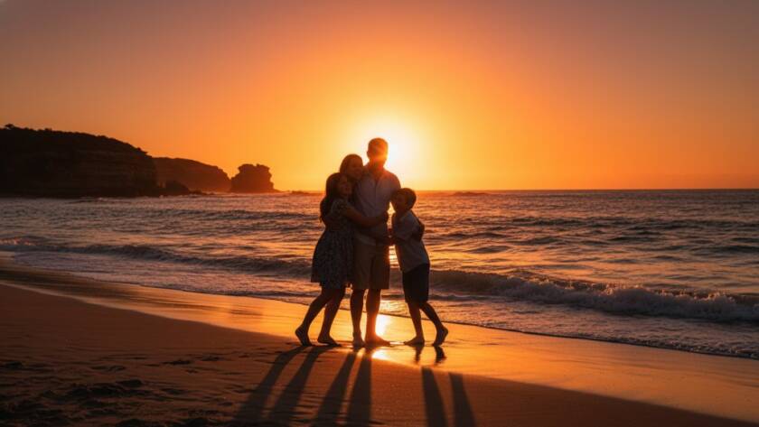 A stunning, professional photograph capturing a family laughing joyfully as they play in the golden hour light on the sandy shores of Beaumaris, waves gently lapping behind them, embodying genuine Beaumaris family photography beach portraits with dramatic lighting and warm tones.