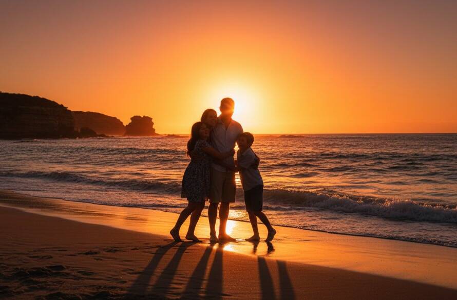 A stunning, professional photograph capturing a family laughing joyfully as they play in the golden hour light on the sandy shores of Beaumaris, waves gently lapping behind them, embodying genuine Beaumaris family photography beach portraits with dramatic lighting and warm tones.
