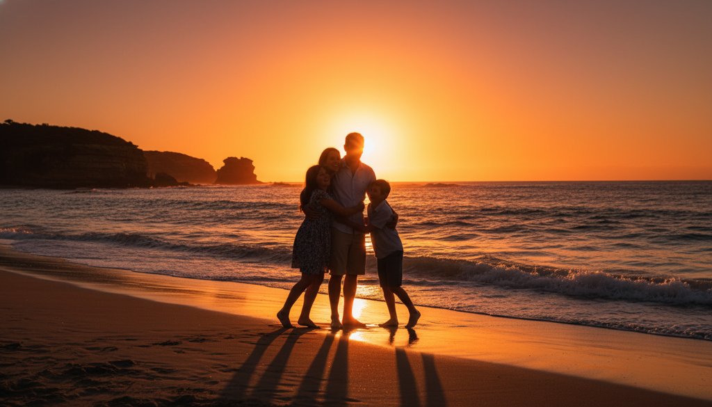 A stunning, professional photograph capturing a family laughing joyfully as they play in the golden hour light on the sandy shores of Beaumaris, waves gently lapping behind them, embodying genuine Beaumaris family photography beach portraits with dramatic lighting and warm tones.
