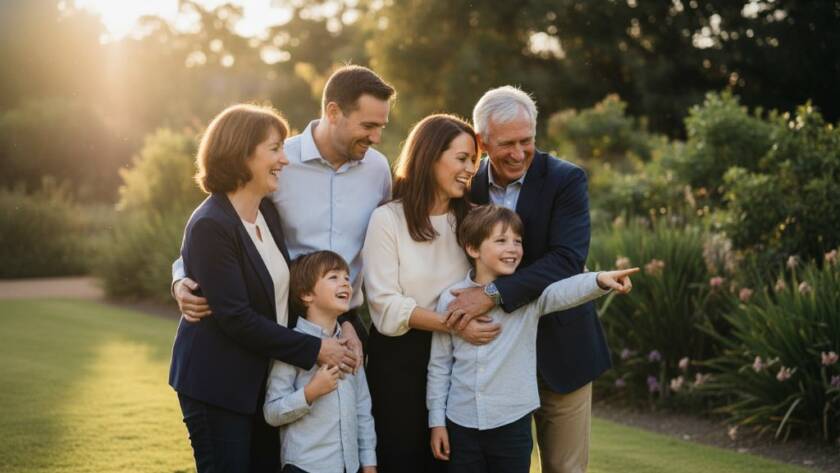 An Elsternwick photographer expertly captures genuine candid family moments Elsternwick photography as a young family enjoys a spontaneous, joyful laugh while strolling through Rippon Lea Estate's gardens at golden hour, bathed in warm, cinematic light.
