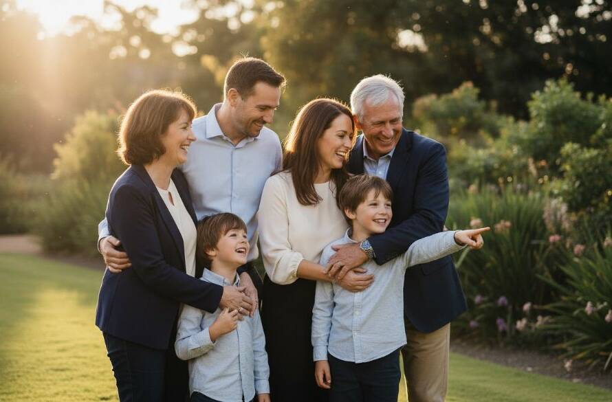 An Elsternwick photographer expertly captures genuine candid family moments Elsternwick photography as a young family enjoys a spontaneous, joyful laugh while strolling through Rippon Lea Estate's gardens at golden hour, bathed in warm, cinematic light.