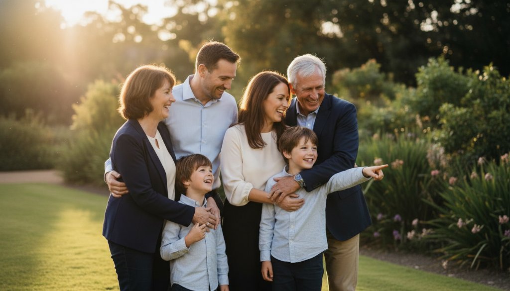 An Elsternwick photographer expertly captures genuine candid family moments Elsternwick photography as a young family enjoys a spontaneous, joyful laugh while strolling through Rippon Lea Estate's gardens at golden hour, bathed in warm, cinematic light.