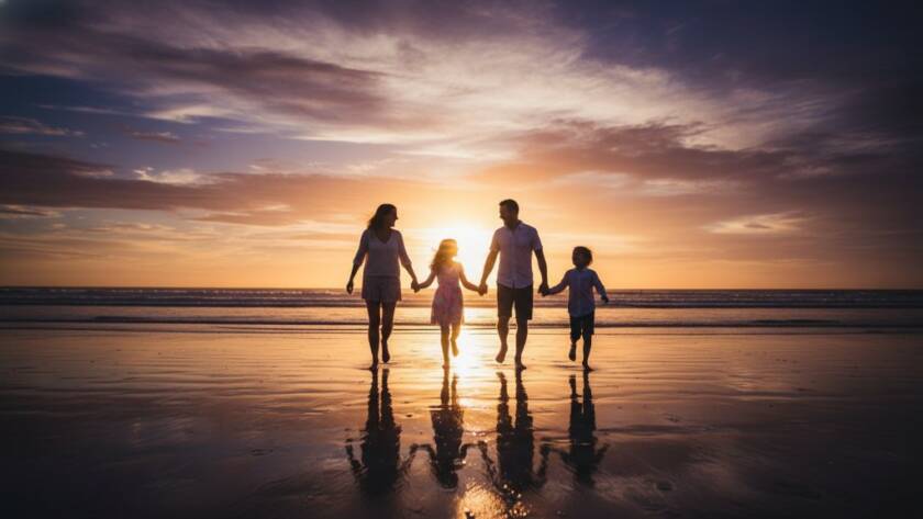 A heartwarming, genuine candid family photography Altona North Victoria moment: A family laughing joyously by the water's edge at Altona Beach, bathed in golden hour light, capturing pure happiness and connection.
