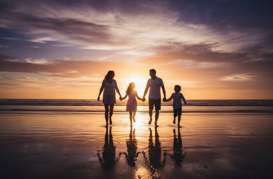 A heartwarming, genuine candid family photography Altona North Victoria moment: A family laughing joyously by the water's edge at Altona Beach, bathed in golden hour light, capturing pure happiness and connection.