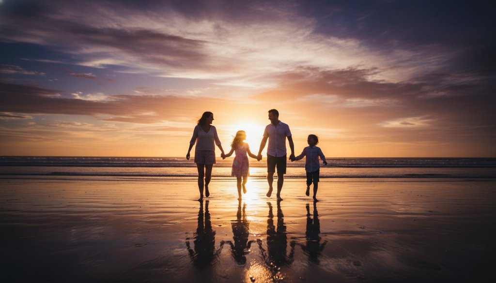 A heartwarming, genuine candid family photography Altona North Victoria moment: A family laughing joyously by the water's edge at Altona Beach, bathed in golden hour light, capturing pure happiness and connection.