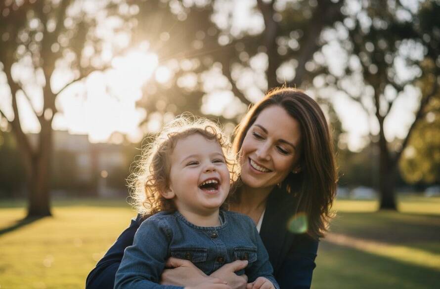 An epic, emotionally resonant close-up of a child laughing joyfully during genuine candid family photography Oakleigh moments, with the parent's out-of-focus hand gently holding them, warm golden hour light streaming through the trees near Warrawee Park, showcasing pure, unscripted happiness.