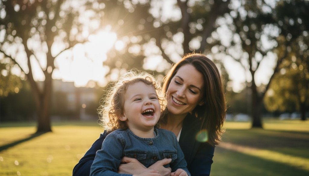 An epic, emotionally resonant close-up of a child laughing joyfully during genuine candid family photography Oakleigh moments, with the parent's out-of-focus hand gently holding them, warm golden hour light streaming through the trees near Warrawee Park, showcasing pure, unscripted happiness.