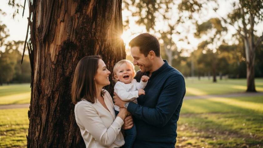 An emotional and visually stunning photograph of genuine candid family photography Ormond moments Victoria, capturing parents embracing their child with genuine joy at sunset in a beautiful Ormond park, professional color grading, dramatic lighting.