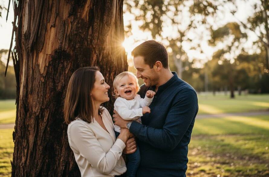 An emotional and visually stunning photograph of genuine candid family photography Ormond moments Victoria, capturing parents embracing their child with genuine joy at sunset in a beautiful Ormond park, professional color grading, dramatic lighting.