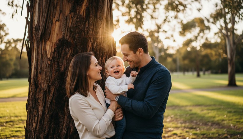 An emotional and visually stunning photograph of genuine candid family photography Ormond moments Victoria, capturing parents embracing their child with genuine joy at sunset in a beautiful Ormond park, professional color grading, dramatic lighting.