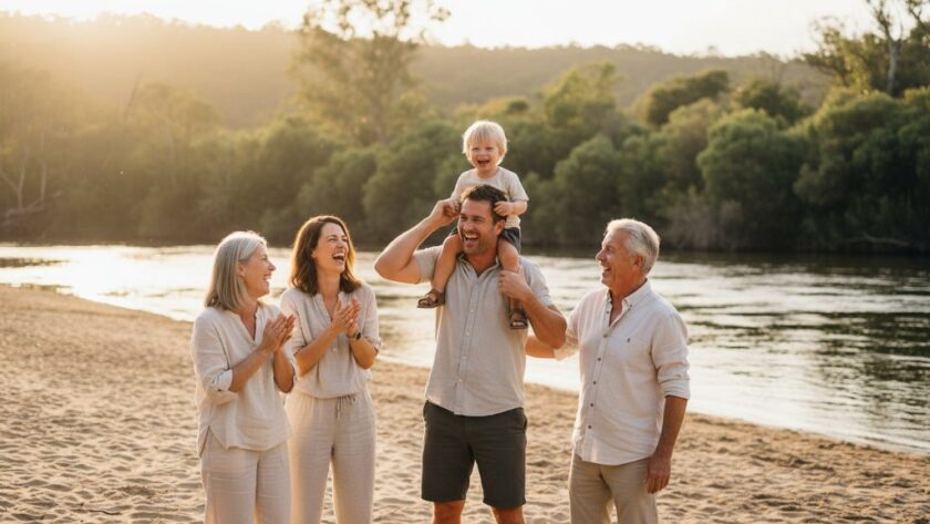 A heartwarming, genuine candid family photography Wangaratta Victoria moment featuring a family laughing joyfully by the Ovens River at sunset, their silhouettes framed by golden light, capturing an epic, unposed memory.