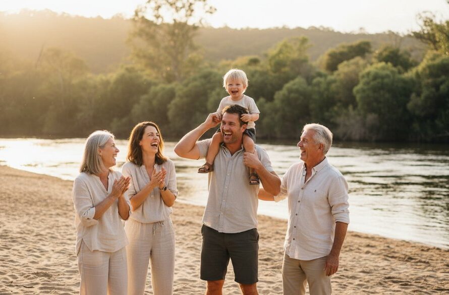 A heartwarming, genuine candid family photography Wangaratta Victoria moment featuring a family laughing joyfully by the Ovens River at sunset, their silhouettes framed by golden light, capturing an epic, unposed memory.