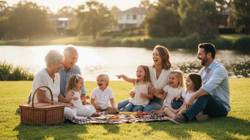 Genuine candid photography Burwood Victoria capturing an epic moment of a multi-generational Australian family laughing joyfully together during a picnic in Burwood Lake Park at golden hour, with warm, dramatic backlighting, professionally colour graded.