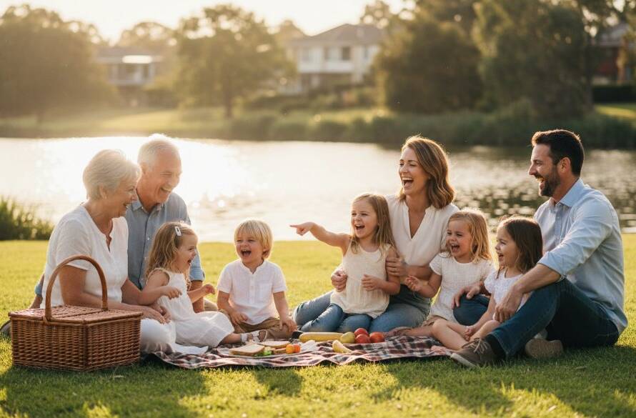 Genuine candid photography Burwood Victoria capturing an epic moment of a multi-generational Australian family laughing joyfully together during a picnic in Burwood Lake Park at golden hour, with warm, dramatic backlighting, professionally colour graded.