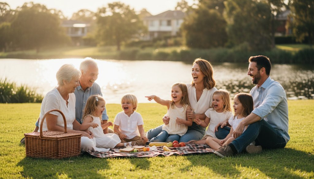 Genuine candid photography Burwood Victoria capturing an epic moment of a multi-generational Australian family laughing joyfully together during a picnic in Burwood Lake Park at golden hour, with warm, dramatic backlighting, professionally colour graded.