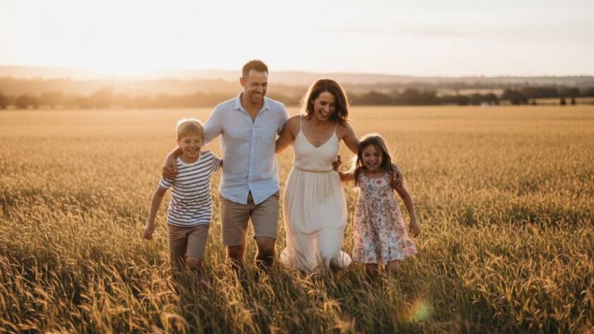 A heartwarming, genuine candid photography Clyde North moment of a family laughing joyously in an open field at sunset, with golden light illuminating their faces, captured with professional depth and colour grading.