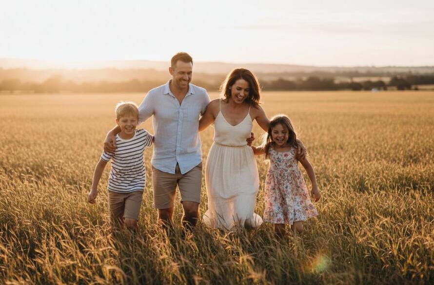 A heartwarming, genuine candid photography Clyde North moment of a family laughing joyously in an open field at sunset, with golden light illuminating their faces, captured with professional depth and colour grading.