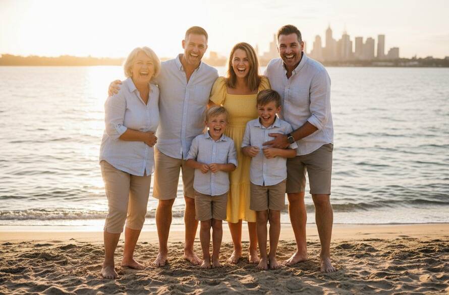 A heartwarming, genuine candid photography Newport Victoria moment of a family laughing joyfully as they walk along the Newport Lakes boardwalk at sunset, dramatic golden light silhouetting them against the water, capturing pure emotion and connection.