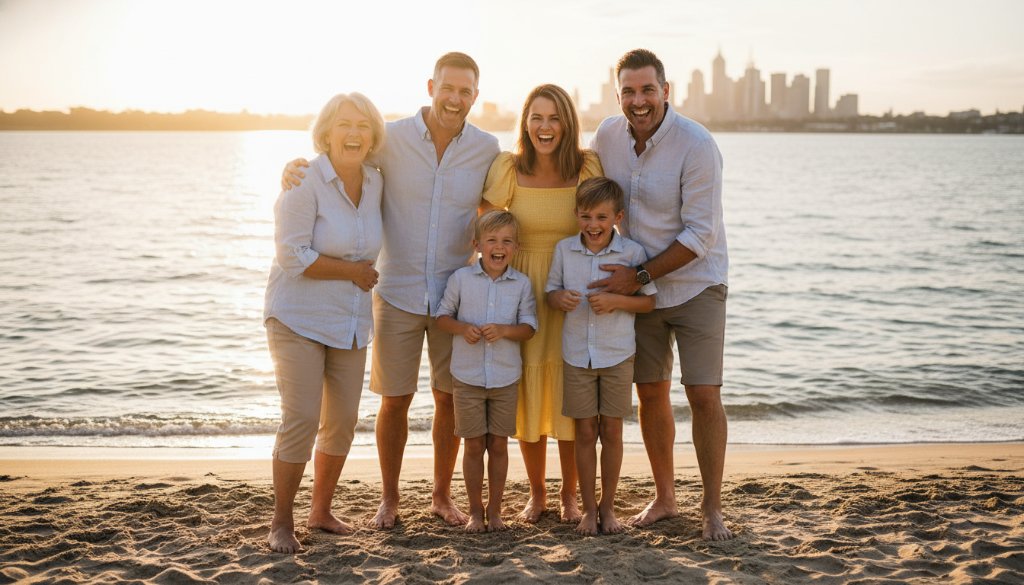 A heartwarming, genuine candid photography Newport Victoria moment of a family laughing joyfully as they walk along the Newport Lakes boardwalk at sunset, dramatic golden light silhouetting them against the water, capturing pure emotion and connection.