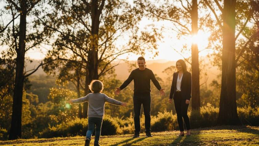 A heartwarming, genuine candid photography Upper Ferntree Gully families moment: A young child joyfully embracing their parent amidst the lush greenery of the Dandenong Ranges, sun flare creating a magical glow, captured with natural emotion.