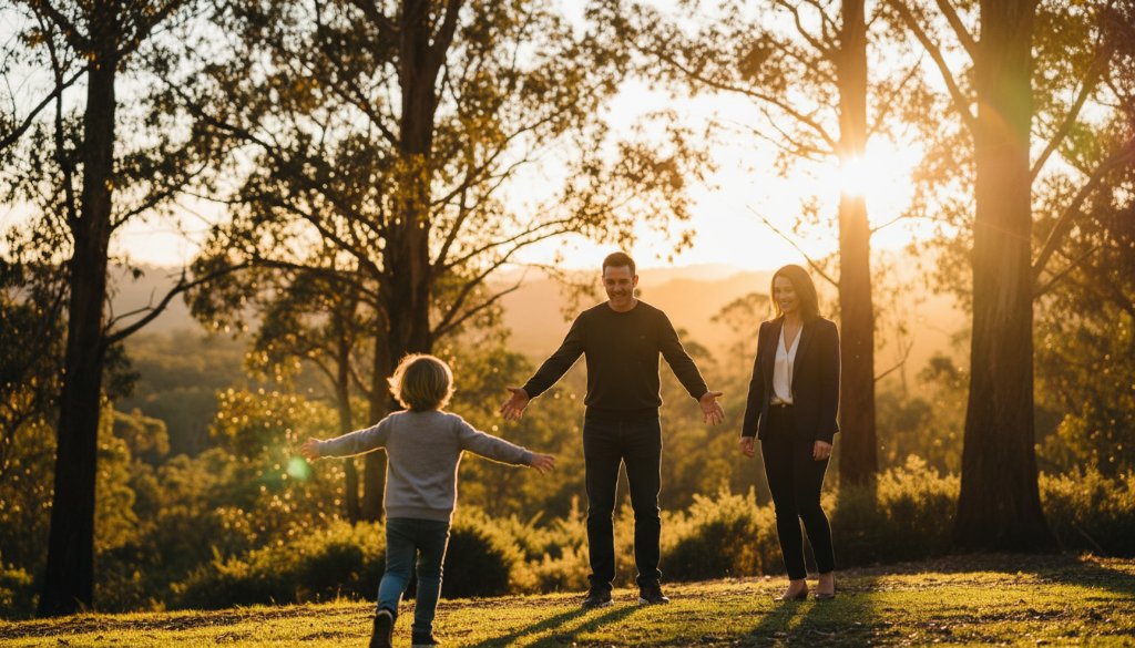 A heartwarming, genuine candid photography Upper Ferntree Gully families moment: A young child joyfully embracing their parent amidst the lush greenery of the Dandenong Ranges, sun flare creating a magical glow, captured with natural emotion.