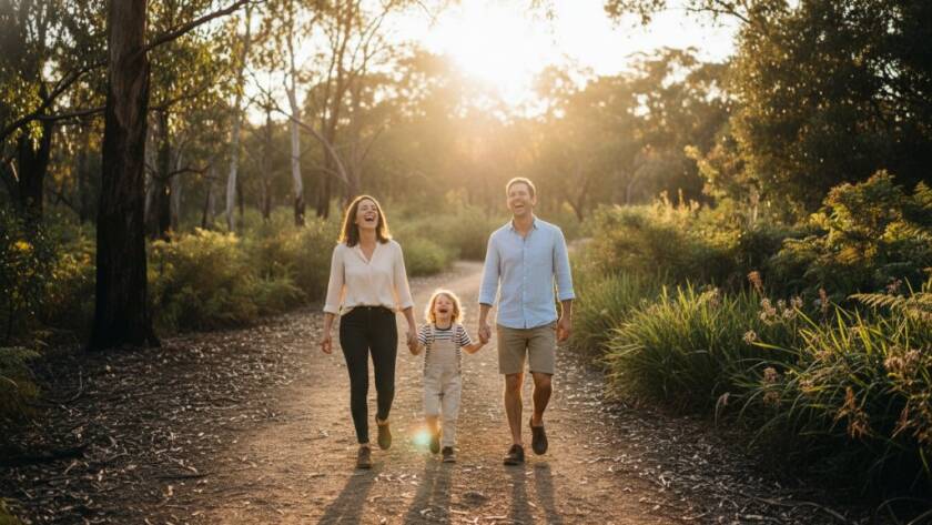 A heartwarming, genuine candid photography Wonga Park moment of a family laughing joyfully, silhouetted against a golden sunset at Jumping Creek Reserve, capturing their unposed connection with professional cinematic grading.