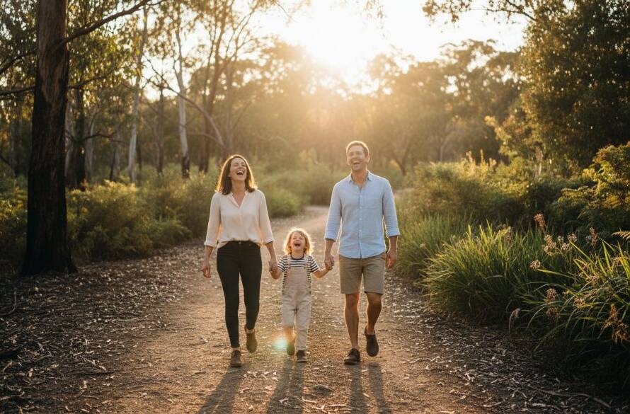 A heartwarming, genuine candid photography Wonga Park moment of a family laughing joyfully, silhouetted against a golden sunset at Jumping Creek Reserve, capturing their unposed connection with professional cinematic grading.
