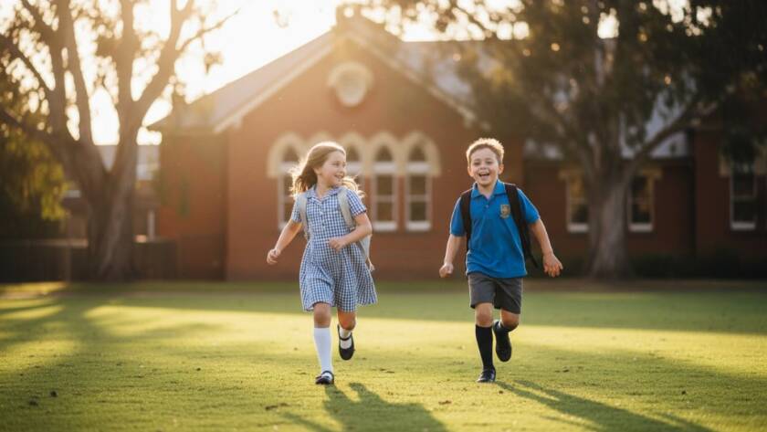 A heartwarming, professionally lit 'epic moment' photograph capturing the genuine Deepdene school spirit photography: two primary school children, one girl and one boy, laughing joyfully as they walk hand-in-hand through a sun-dappled playground at a Deepdene school, with the iconic brick facade subtly blurred in the background, conveying friendship and youthful exuberance. The light is golden hour, casting long, soft shadows, with a professional colour grade enhancing the warmth and nostalgic feel.