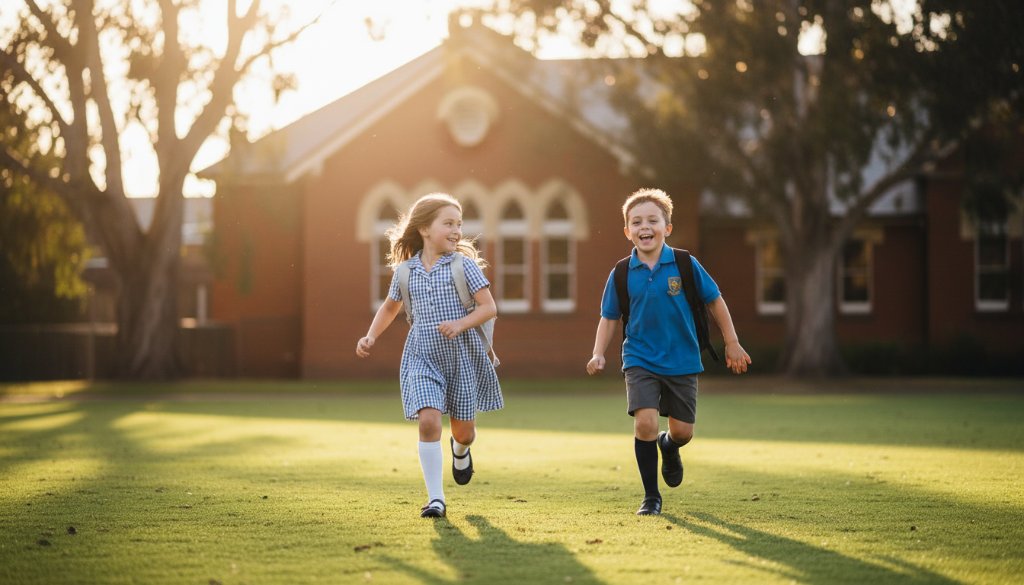 A heartwarming, professionally lit 'epic moment' photograph capturing the genuine Deepdene school spirit photography: two primary school children, one girl and one boy, laughing joyfully as they walk hand-in-hand through a sun-dappled playground at a Deepdene school, with the iconic brick facade subtly blurred in the background, conveying friendship and youthful exuberance. The light is golden hour, casting long, soft shadows, with a professional colour grade enhancing the warmth and nostalgic feel.