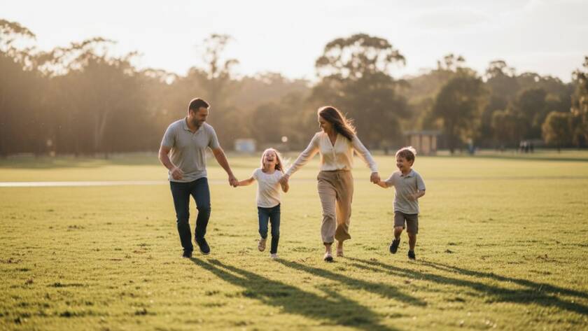 An 'epic moment' style photograph of a family laughing joyfully, mid-action, running through the sun-dappled greenery of Gardiners Creek Reserve in Box Hill South, golden hour light backlighting their genuine smiles, captured through genuine family photography Box Hill South captures.