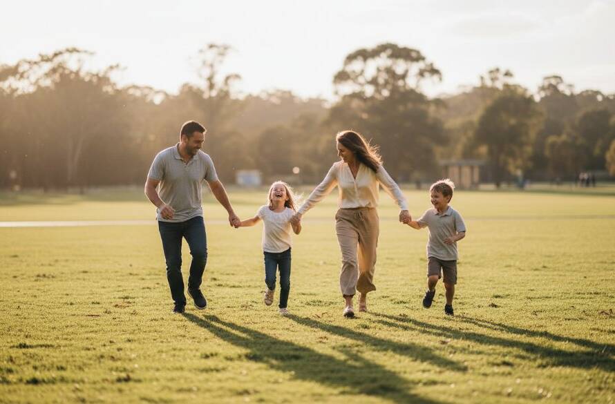 An 'epic moment' style photograph of a family laughing joyfully, mid-action, running through the sun-dappled greenery of Gardiners Creek Reserve in Box Hill South, golden hour light backlighting their genuine smiles, captured through genuine family photography Box Hill South captures.
