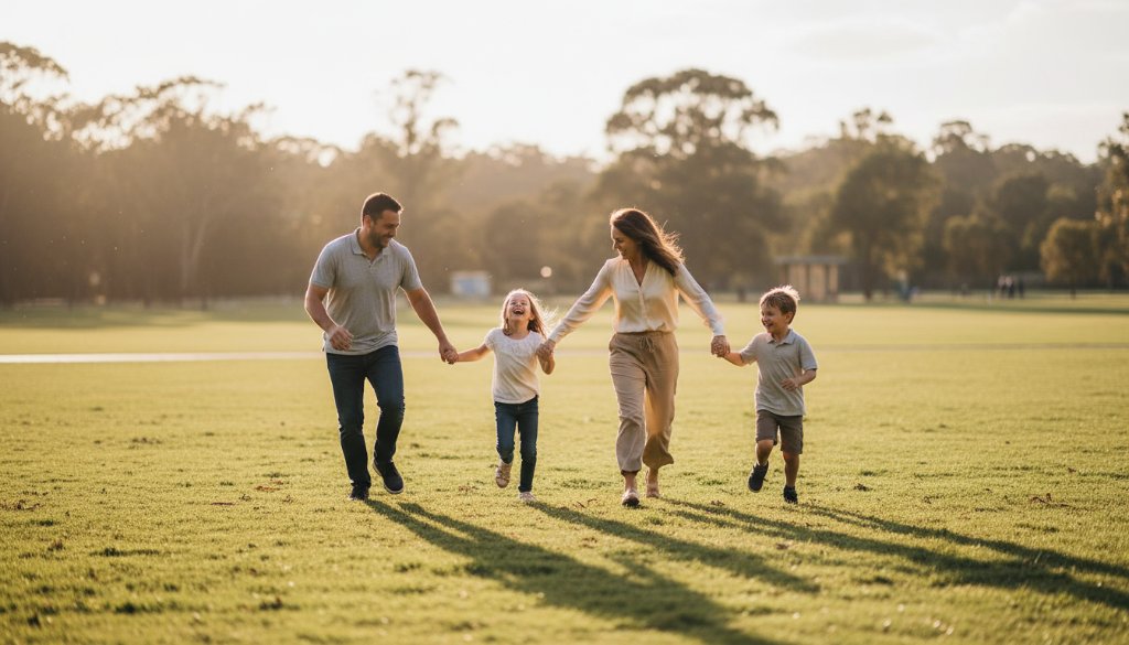 An 'epic moment' style photograph of a family laughing joyfully, mid-action, running through the sun-dappled greenery of Gardiners Creek Reserve in Box Hill South, golden hour light backlighting their genuine smiles, captured through genuine family photography Box Hill South captures.