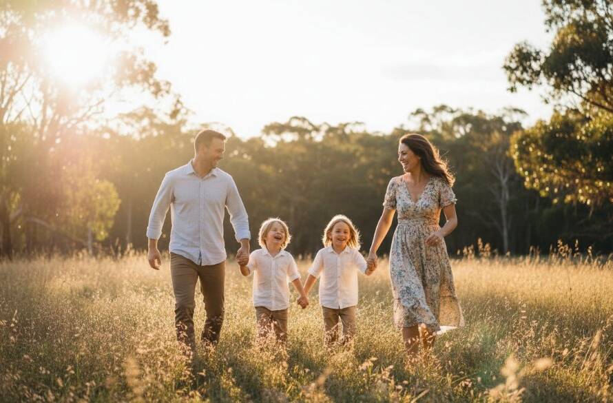 A joyful family of four, bathed in golden hour's genuine family photography Vermont South natural light, laughing and running through a sun-dappled park in Vermont South, capturing a timeless, cinematic moment of pure connection.