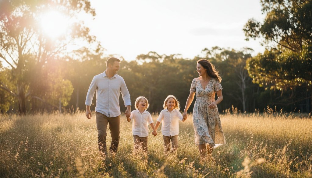 A joyful family of four, bathed in golden hour's genuine family photography Vermont South natural light, laughing and running through a sun-dappled park in Vermont South, capturing a timeless, cinematic moment of pure connection.