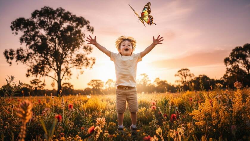 A professional, cinematic photograph capturing a moment of genuine kids photography Kurunjang capturing childhood magic, with a joyful child running through golden afternoon light in a Kurunjang park, dramatic backlighting illuminating their laughter and flowing hair, shot from a low angle to enhance the sense of wonder.