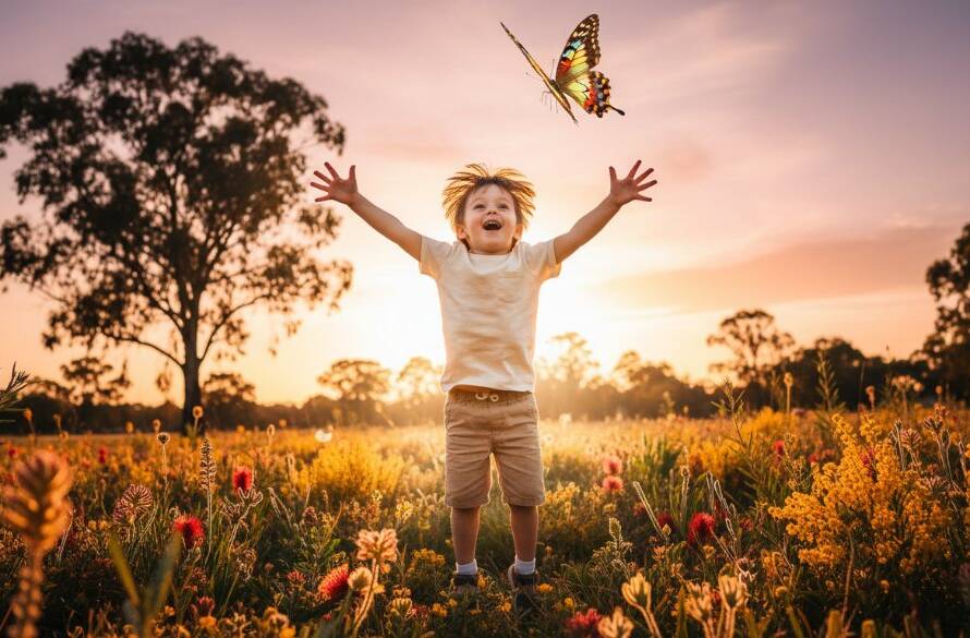 A professional, cinematic photograph capturing a moment of genuine kids photography Kurunjang capturing childhood magic, with a joyful child running through golden afternoon light in a Kurunjang park, dramatic backlighting illuminating their laughter and flowing hair, shot from a low angle to enhance the sense of wonder.