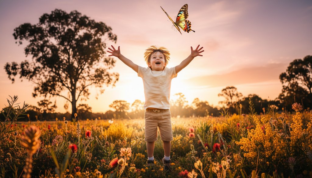 A professional, cinematic photograph capturing a moment of genuine kids photography Kurunjang capturing childhood magic, with a joyful child running through golden afternoon light in a Kurunjang park, dramatic backlighting illuminating their laughter and flowing hair, shot from a low angle to enhance the sense of wonder.