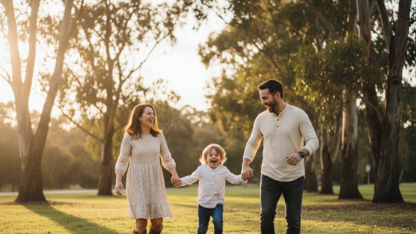 An epic, emotionally resonant photograph of Genuine West Footscray Candid Family Photography Moments, capturing a family laughing joyfully during golden hour at Cruickshank Park, sunlight streaming through trees, with professional colour grading.